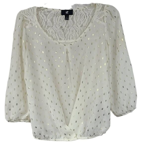 Ivory Lace & Gold Foil Chiffon Peasant Blouson Top Popover Blouse Festive Party - Picture 1 of 15